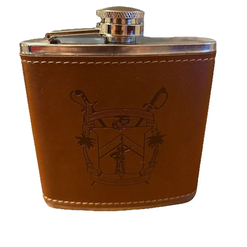 USMC Parris Island Headquarters And Service Bat 6oz Stainless & Leather Flask